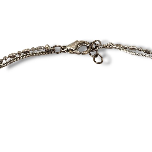 Green Cat Eye Center Silver Tone Pendant Double Strand Collar Choker Necklace - Picture 8 of 11